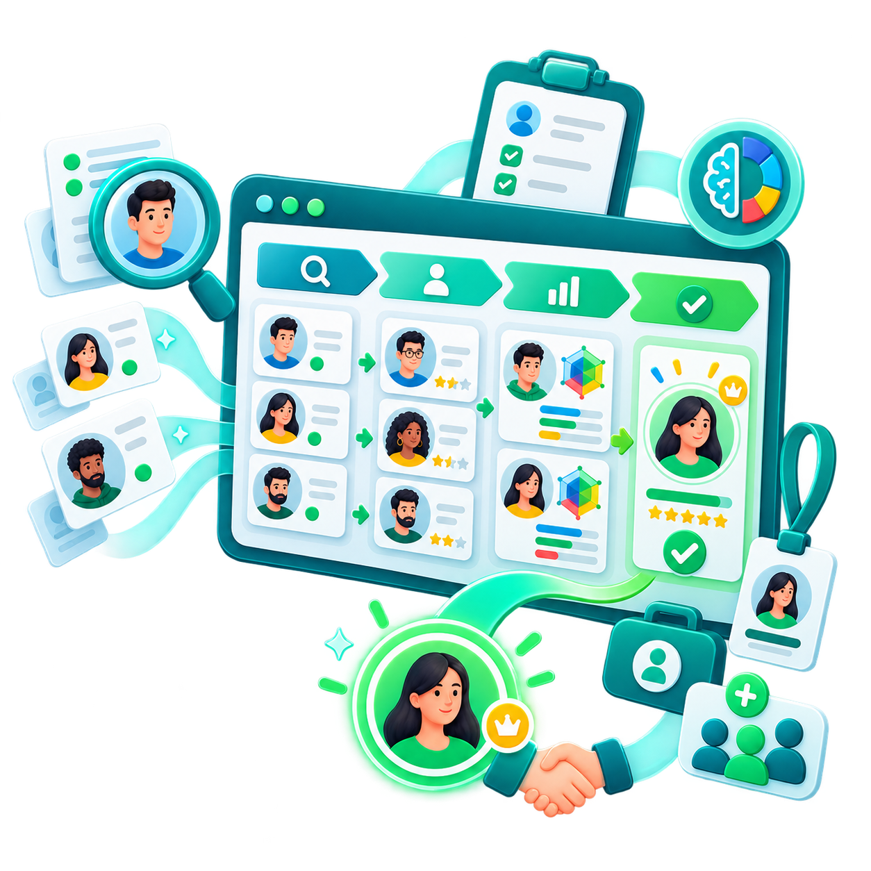 Ilustração de recrutamento, seleção e onboarding de vendedores